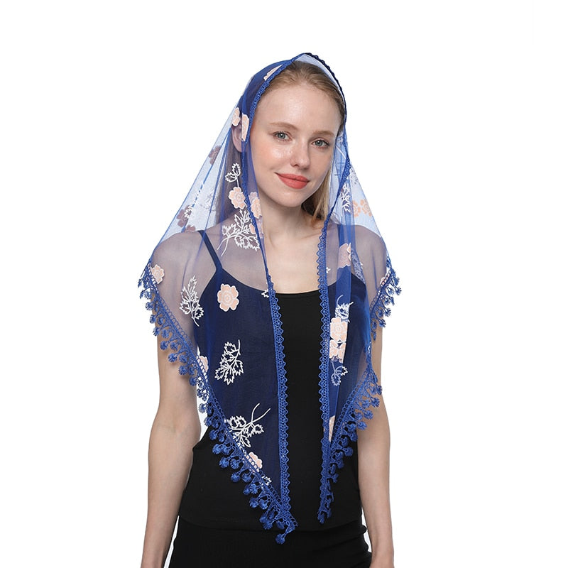 Women Triangle Scarf for Church Prayer Shawl Embroidered Lace Veil Floral Headcovering Tassel Veils Mantillas for the Church's