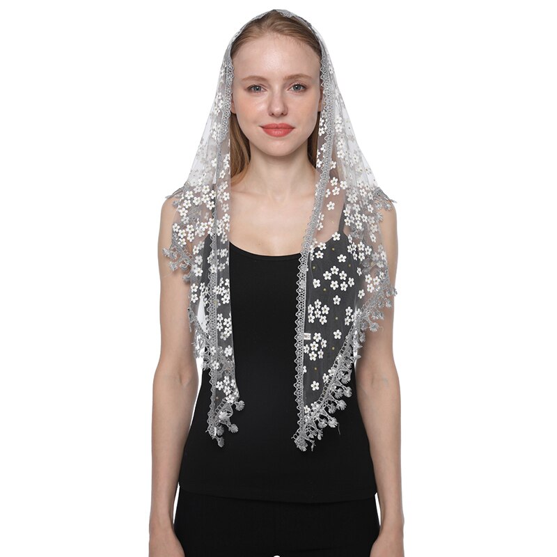 Women Triangle Scarf for Church Prayer Shawl Embroidered Lace Veil Floral Headcovering Tassel Veils Mantillas for the Church's