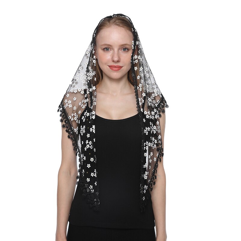 Women Triangle Scarf for Church Prayer Shawl Embroidered Lace Veil Floral Headcovering Tassel Veils Mantillas for the Church's