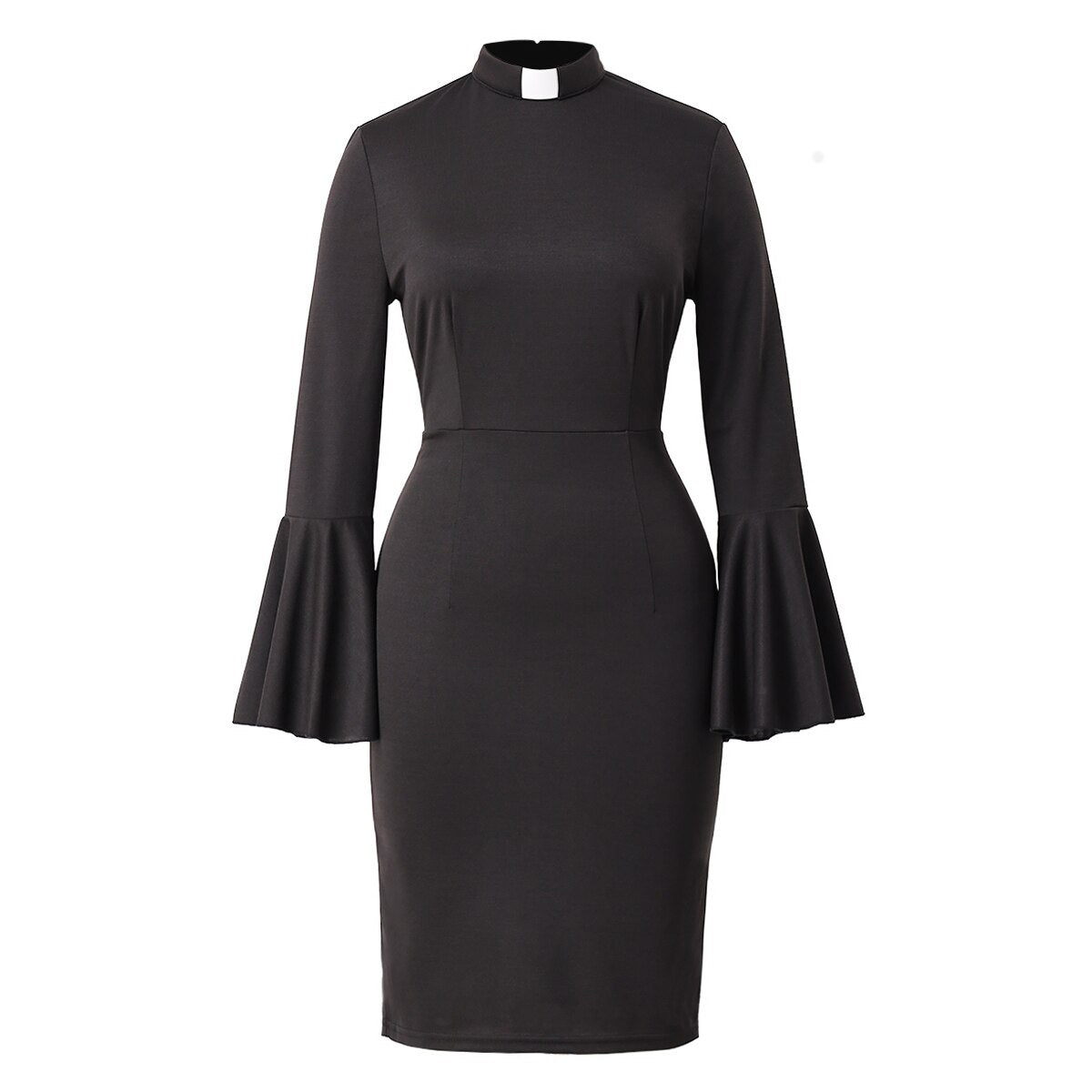 Women Clergy Tab Collar Dress Black Mass Dress Retro Bodycon Knee-Length Work Pencil Dress