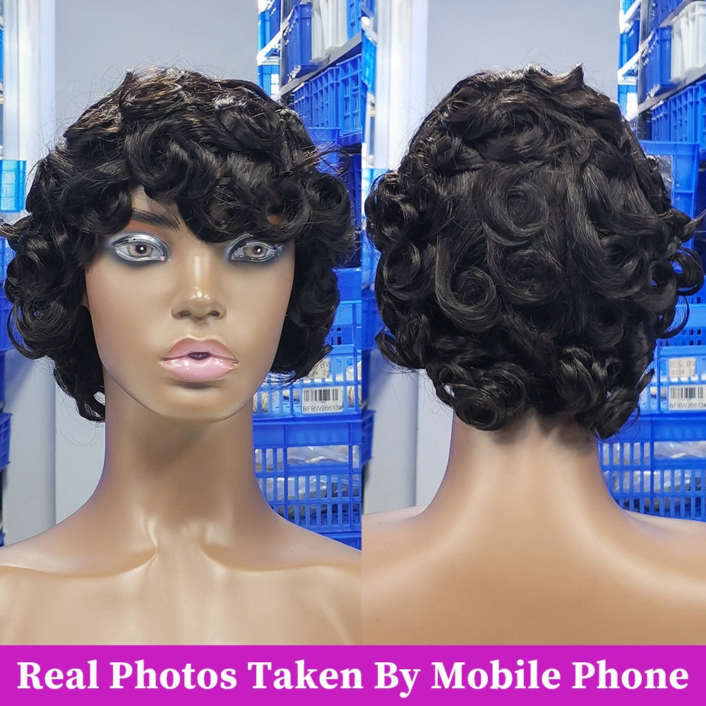 Bouncy Curly Fringe Wig Pixie Cut Wig Short Curly Human Hair Wigs For Women Cheap Full Machine Wigs Egg Curls Bob Wig With Bangs