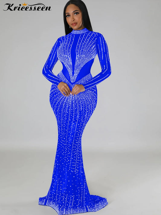 Kricesseen Sexy Blue Rhinestones Mesh Patchwork Sheer Maxi Dress Women New Long Sleeve See-Through Crystal Night Dress Clubwear