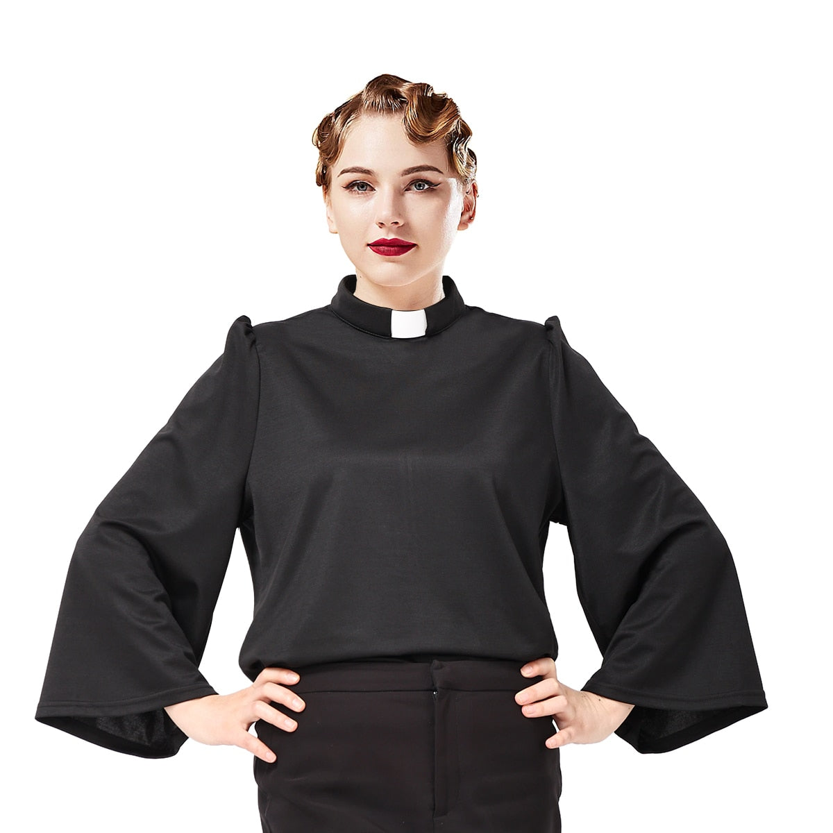 Women Clergy Shirt Black Priest Uniform Tab Collar Swing Sleeve Mass Blouse Tops