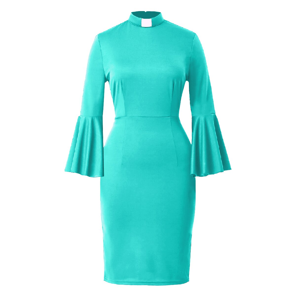 Women Clergy Tab Collar Dress Black Mass Dress Retro Bodycon Knee-Length Work Pencil Dress