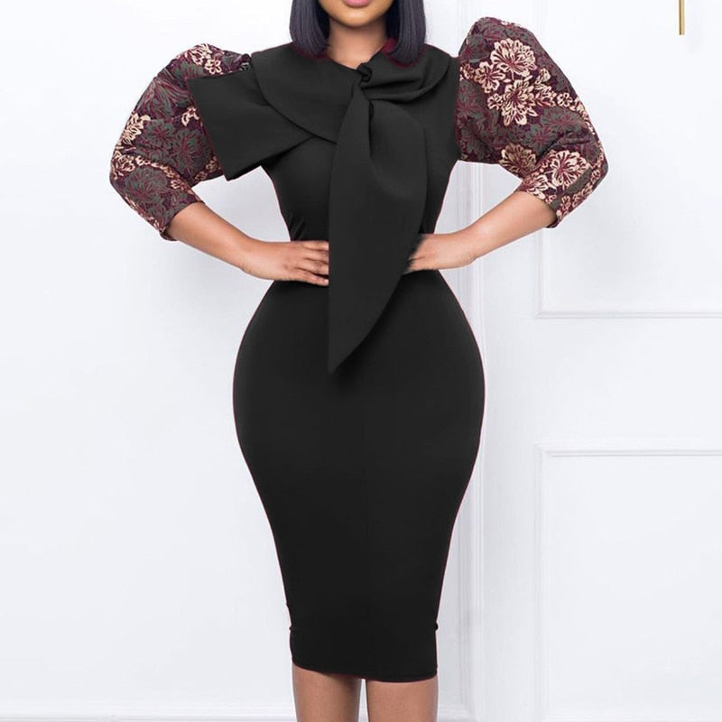 Fashion Church Dresses Women Elegant Casual Office Dress Printed Puff Sleeve Ladies Knee Length Formal Dress with Bow Tie