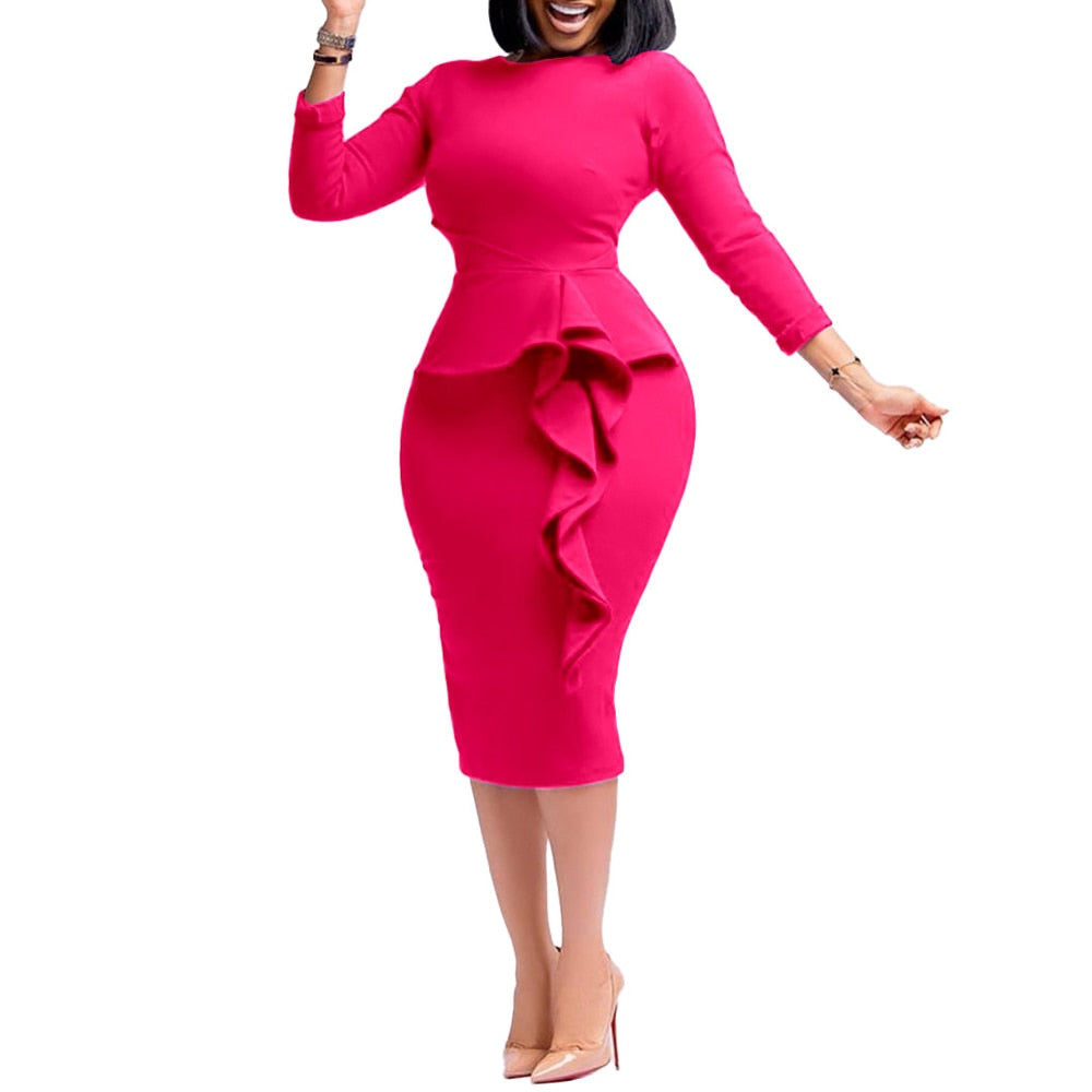 2022 New Arrivals Women African Church Party Dresses Elegant Fashion Long Sleeve Ruffles Knee Length Midi Bodycon Pencil Dress