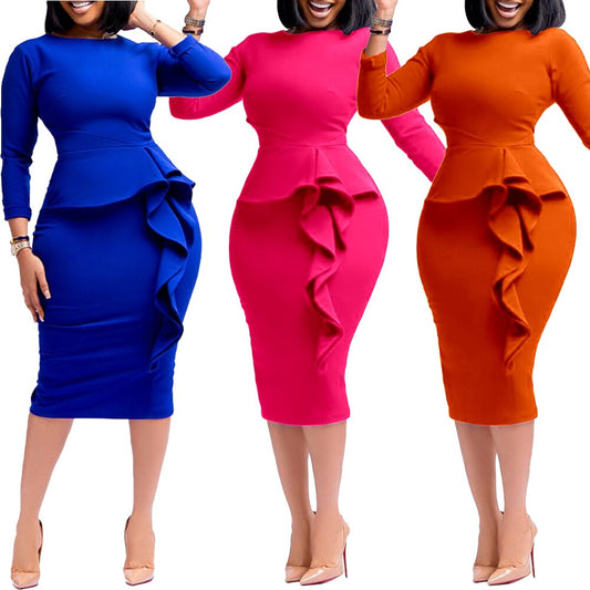 2022 New Arrivals Women African Church Party Dresses Elegant Fashion Long Sleeve Ruffles Knee Length Midi Bodycon Pencil Dress