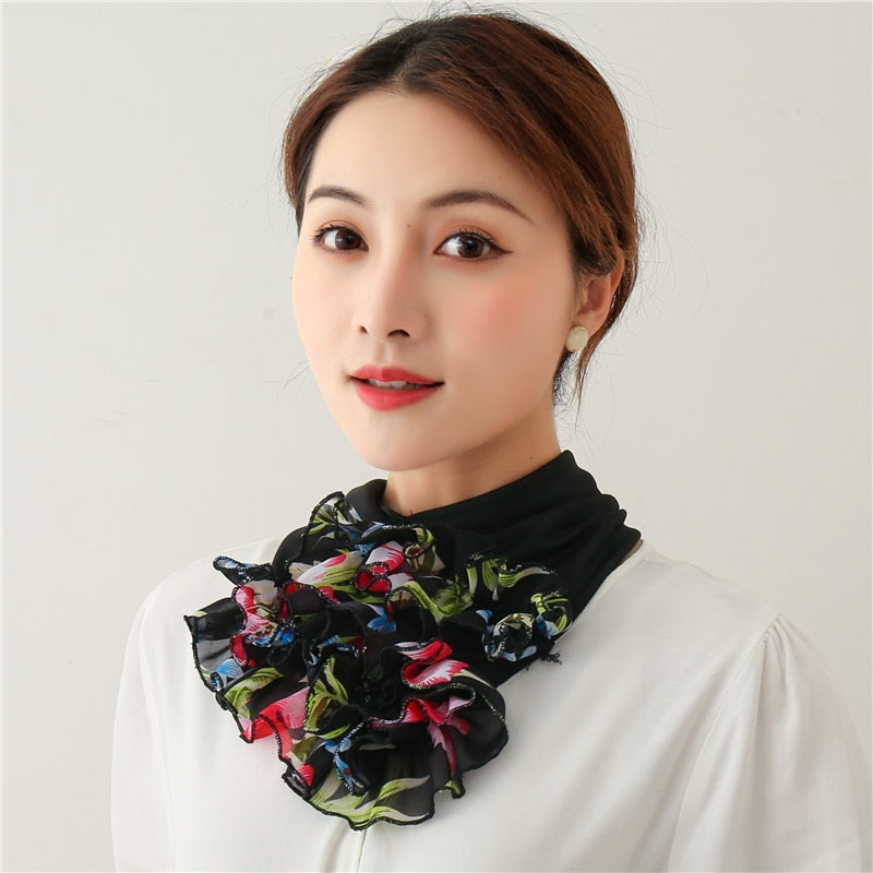 Floral Neck Ring Scarf Chiffon Collar Tie Women Muslim Hijab Hat Indian Turban Solid Lady Office Neckerchief Skinny Hair Scarves