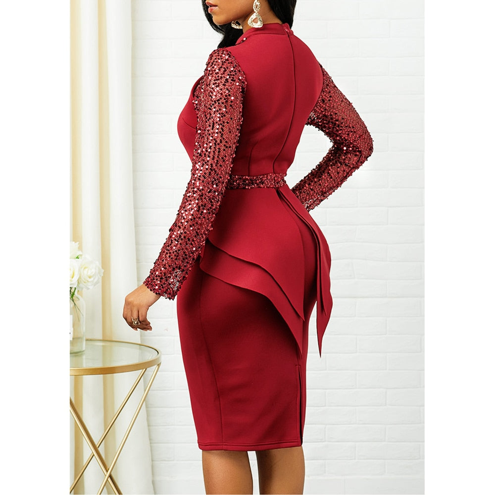 Good Quality Women Fashion Dinner Elegant Casual Dress Luxury Ladies Office Dresses Long Sleeve Sequin Evening Dresses