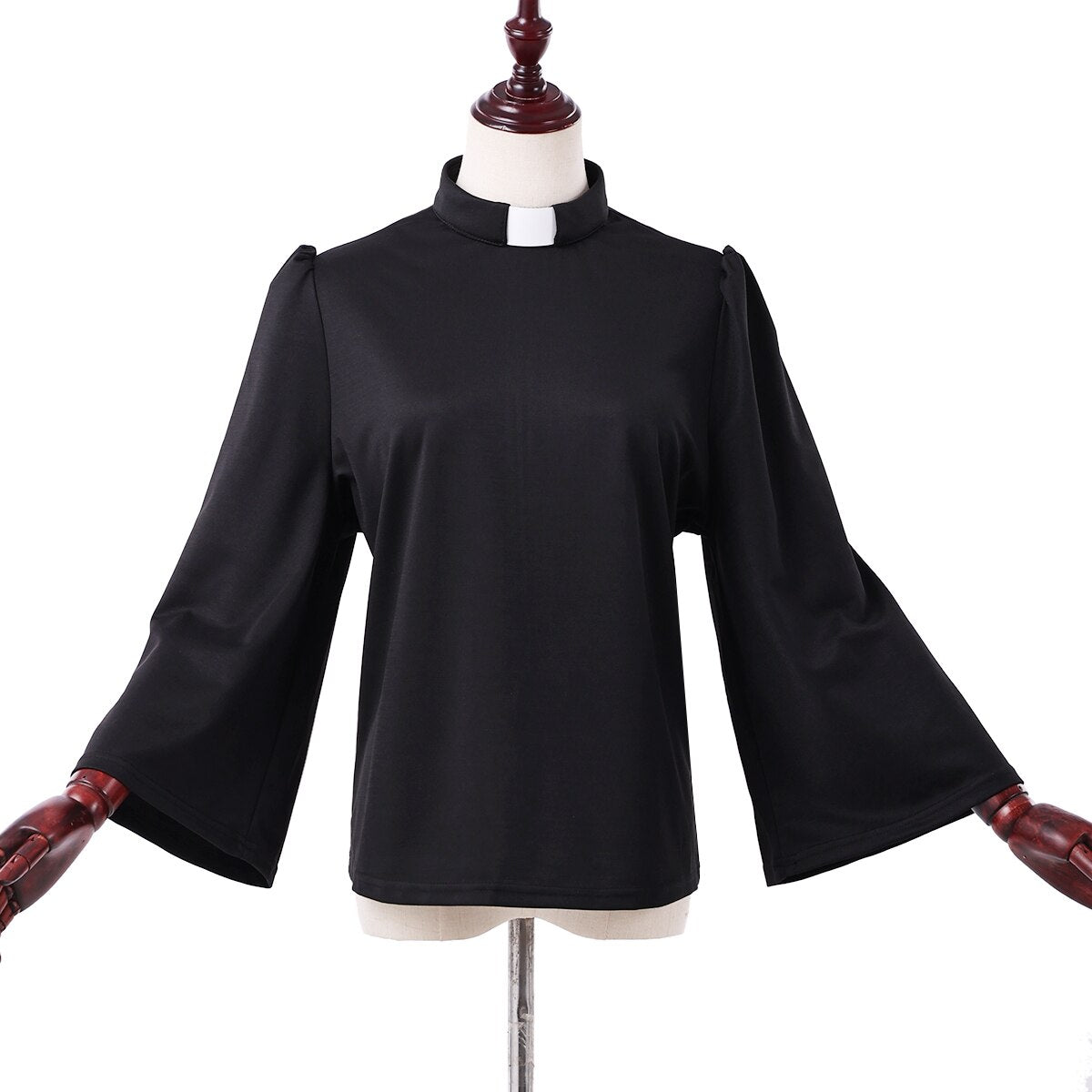 Women Clergy Shirt Black Priest Uniform Tab Collar Swing Sleeve Mass Blouse Tops