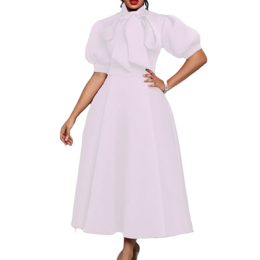 2022 Latest Design Summer Church Dress Banquet Dresses Women Lady Elegant  Solid Color Bow Short Sleeve