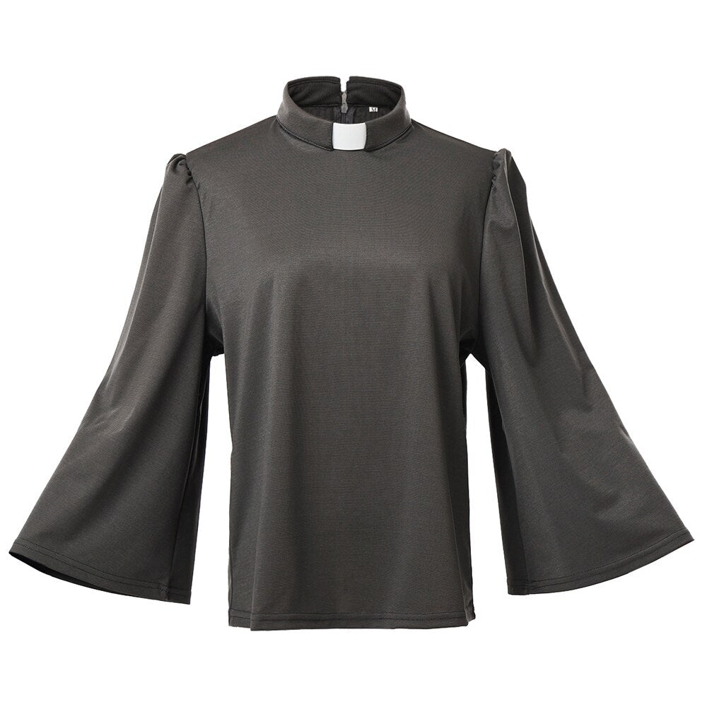 Women Clergy Shirt Black Priest Uniform Tab Collar Swing Sleeve Mass Blouse Tops