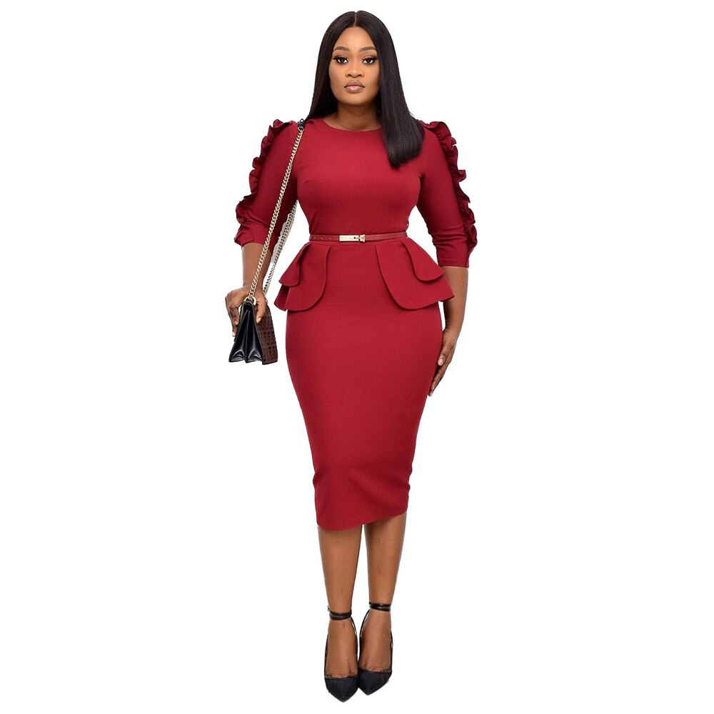 2023 Trending Womens Elegant 3/4 Sleeve Work Office Wear Dress for Ladies Knee Length African Style Formal Pencil Church Dress