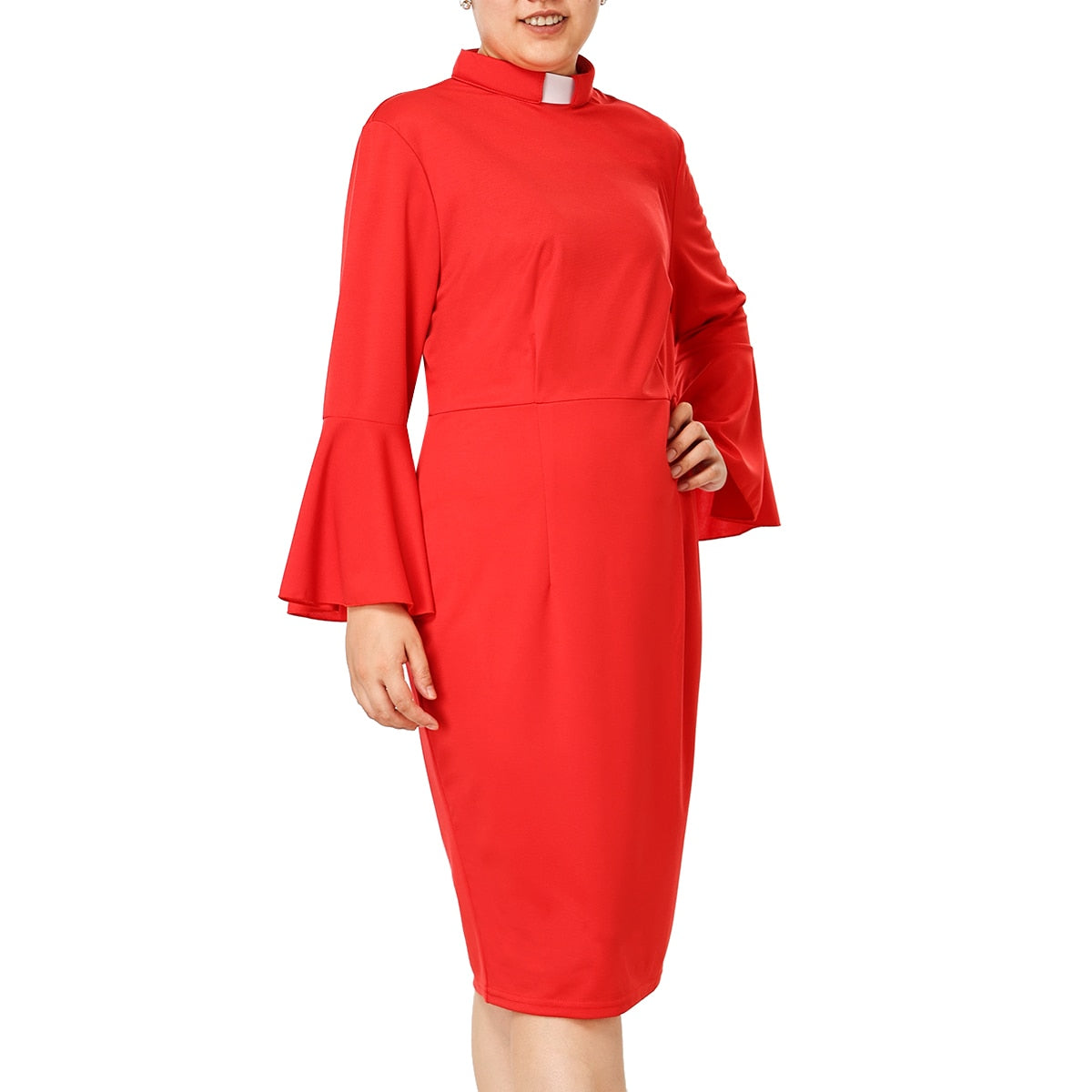 Women Clergy Tab Collar Dress Black Mass Dress Retro Bodycon Knee-Length Work Pencil Dress