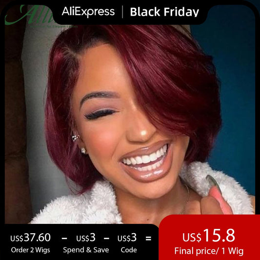 Ombre Burgundy Short Bob Wig With Bangs Side Part Bob Human Hair Wigs For Black Women Cheap Colored Brazilian Hair Wigs Allure