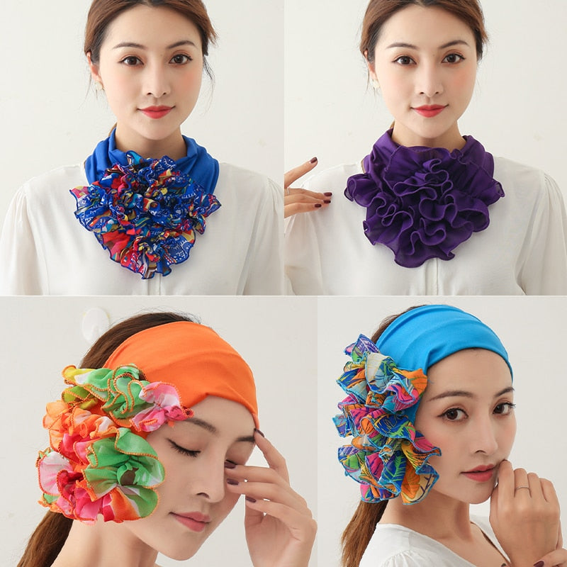 Floral Neck Ring Scarf Chiffon Collar Tie Women Muslim Hijab Hat Indian Turban Solid Lady Office Neckerchief Skinny Hair Scarves