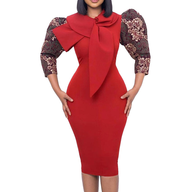 Fashion Church Dresses Women Elegant Casual Office Dress Printed Puff Sleeve Ladies Knee Length Formal Dress with Bow Tie