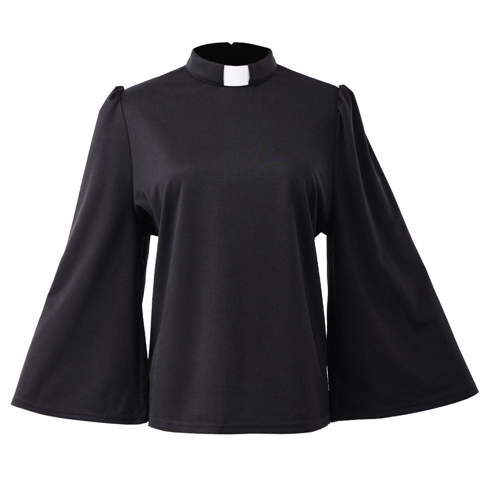 Women Clergy Shirt Black Priest Uniform Tab Collar Swing Sleeve Mass Blouse Tops