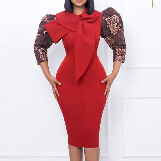 Fashion Church Dresses Women Elegant Casual Office Dress Printed Puff Sleeve Ladies Knee Length Formal Dress with Bow Tie