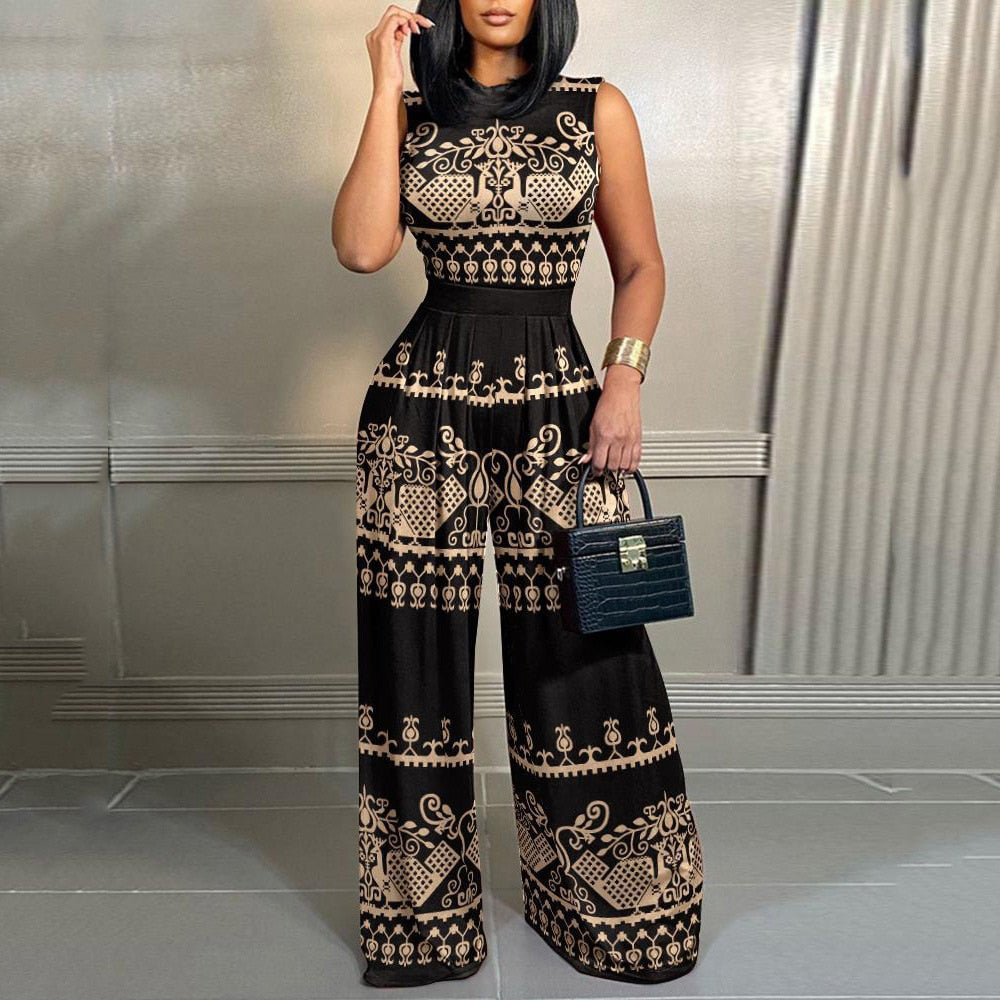 2023 Summer Set Outifits Geometric Print Jumpsuits Women Sleeveless Wide Leg Jumpsuit Fashion Casual Slim Women Elegant Overalls