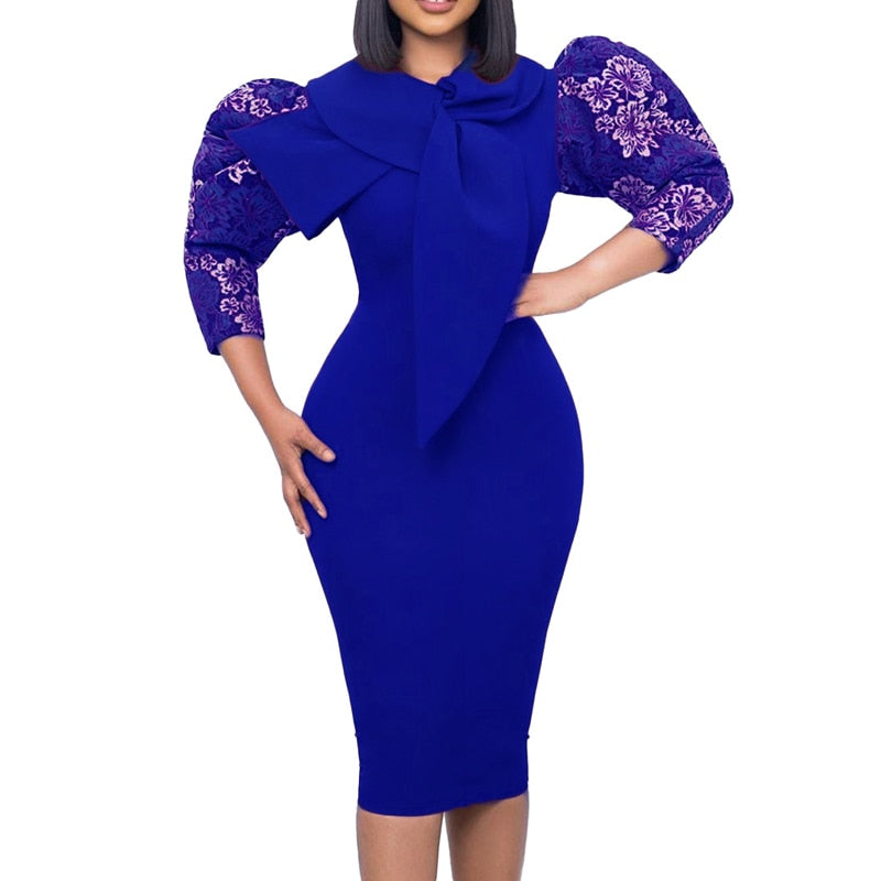 Fashion Church Dresses Women Elegant Casual Office Dress Printed Puff Sleeve Ladies Knee Length Formal Dress with Bow Tie