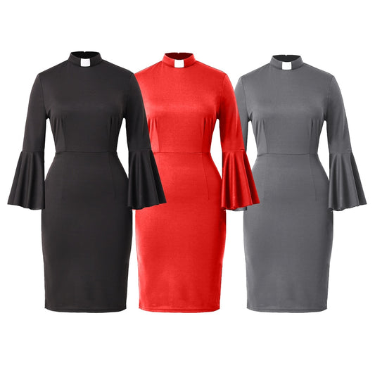 Women Clergy Tab Collar Dress Black Mass Dress Retro Bodycon Knee-Length Work Pencil Dress