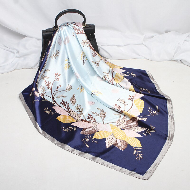 Large Hijab Scarves For Women Fashion Print Silk Satin Scarf Female 90cmx90cm Luxury Brand Square Shawls Head Scarfs For Ladies