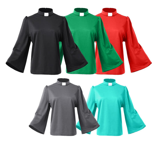 Women Clergy Shirt Black Priest Uniform Tab Collar Swing Sleeve Mass Blouse Tops