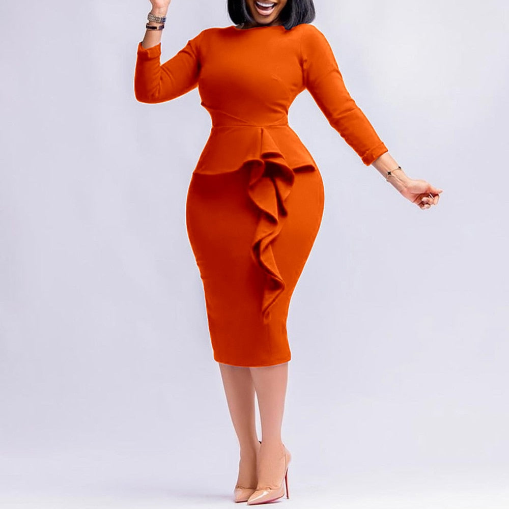 2022 New Arrivals Women African Church Party Dresses Elegant Fashion Long Sleeve Ruffles Knee Length Midi Bodycon Pencil Dress