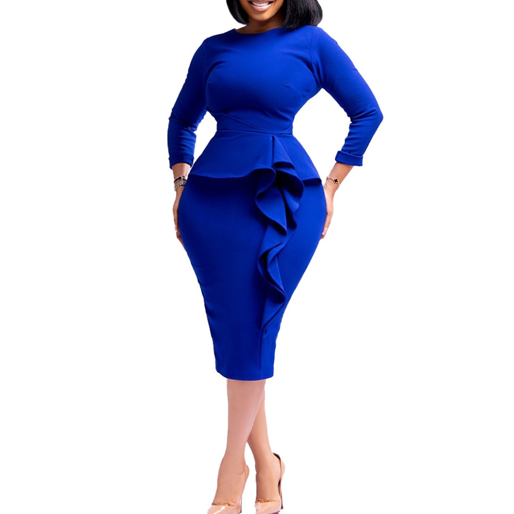 2022 New Arrivals Women African Church Party Dresses Elegant Fashion Long Sleeve Ruffles Knee Length Midi Bodycon Pencil Dress