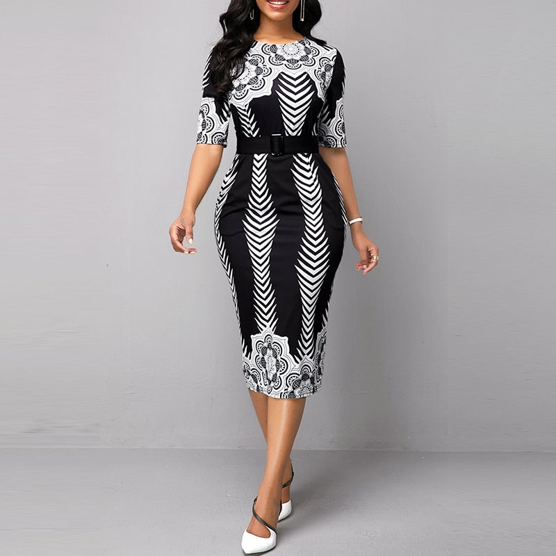 OTEN Women Elegant OL Style Half Sleeve O-Neck Belted Tribal Print Dress Elegant bodycon High Waist Formal Pencil Midi Dress