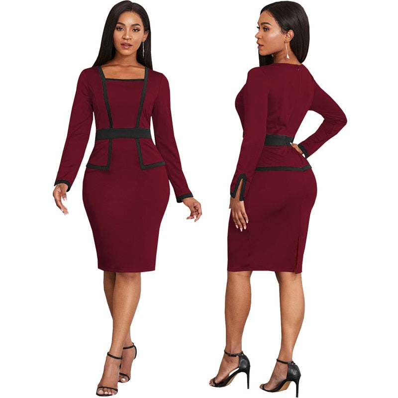 2022 Popular Women Elegant Office Work Church Dresses Fashion Long Sleeve Knee Length Formal Leisure Pencil Midi Dress