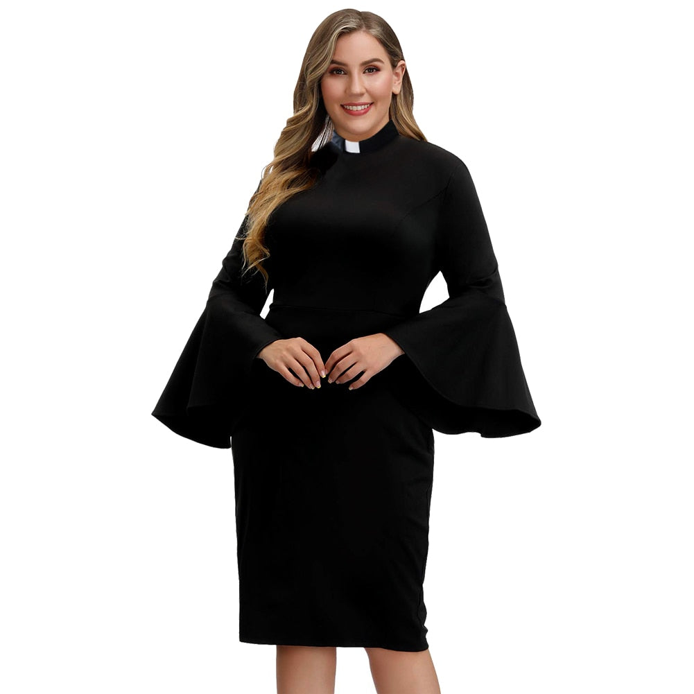 Women Clergy Tab Collar Dress Black Mass Dress Retro Bodycon Knee-Length Work Pencil Dress