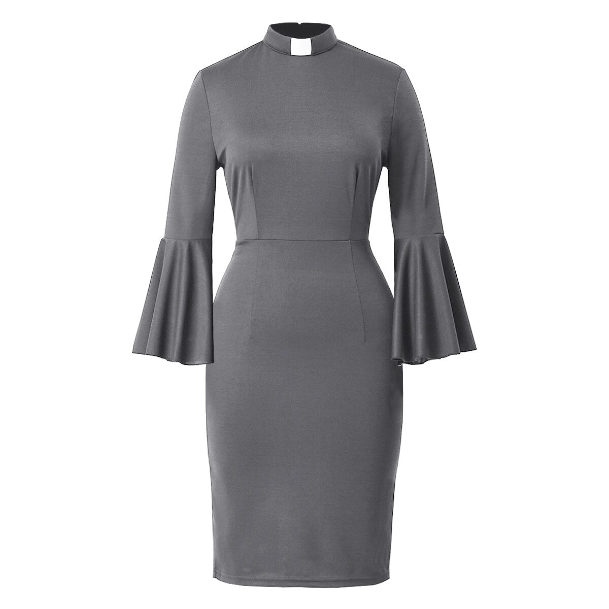 Women Clergy Tab Collar Dress Black Mass Dress Retro Bodycon Knee-Length Work Pencil Dress