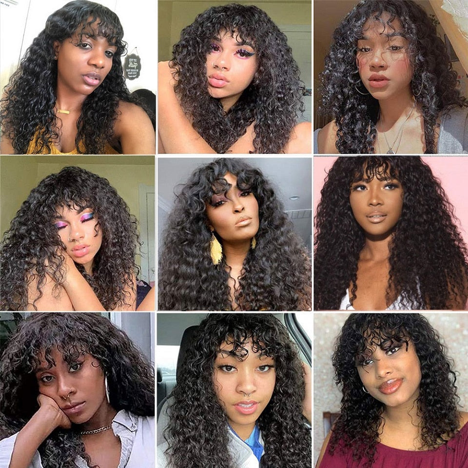 Jerry Curly Human Hair Wigs With Bangs Brazilian Remy Curly Human Hair Wigs For Women Full Machine Made No Lace Curly Fringe Wig