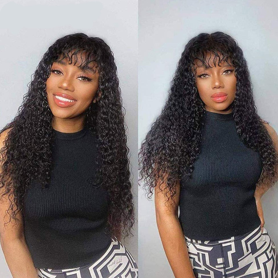 Jerry Curly Human Hair Wigs With Bangs Brazilian Remy Curly Human Hair Wigs For Women Full Machine Made No Lace Curly Fringe Wig