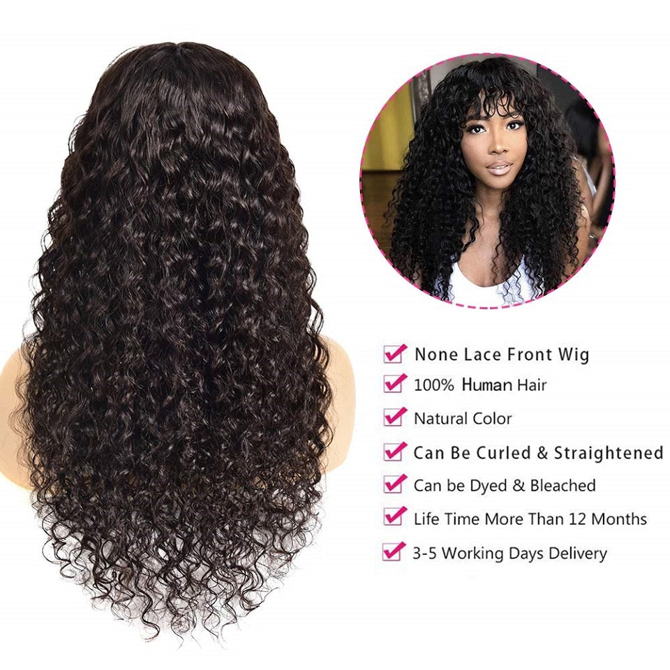 Jerry Curly Human Hair Wigs With Bangs Brazilian Remy Curly Human Hair Wigs For Women Full Machine Made No Lace Curly Fringe Wig